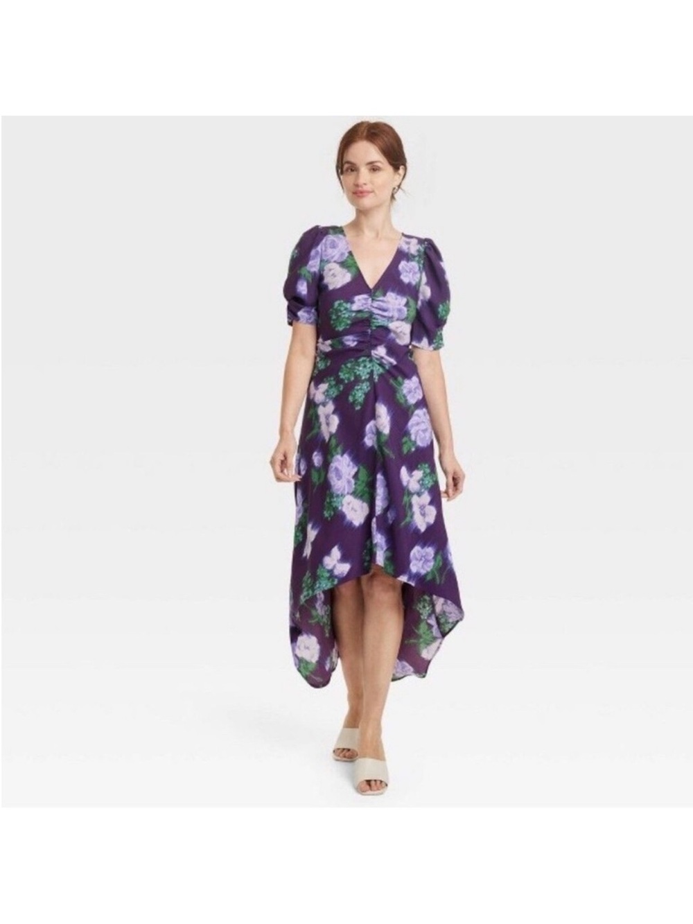 NWT a. new day v neck ruched front floral high low dress size 3X.